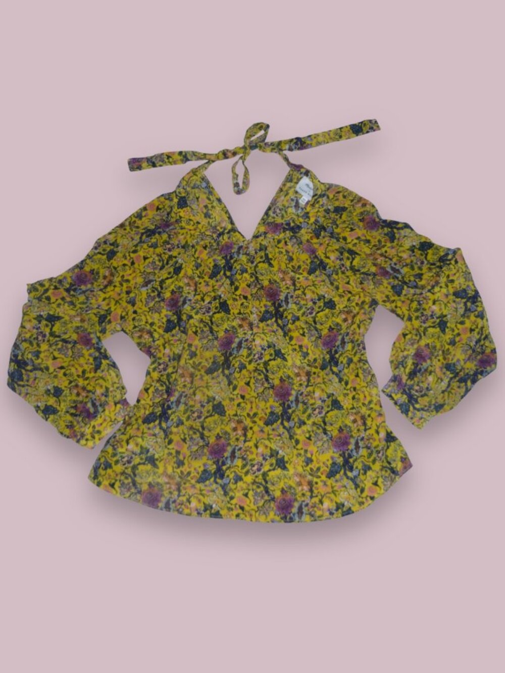Madewell x Karen Walker Yellow Floral Silk Neck Tie Bohemian Peplum Blouse Top